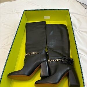 Tory Burch Black Knee-High Block Heel Boots with Gold Chain